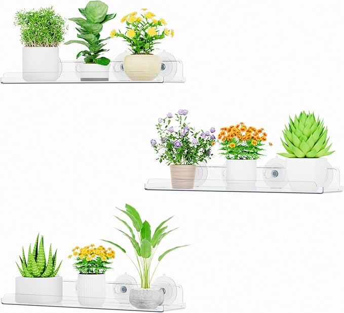 Lifewit Window Plant Shelves 14.6", 3 Pack Acrylic Suction Cup Floating Shelf for Bathroom Mirror, or Kitchen Wall, Clear No-Drill Window Sill Extender for Indoor Micro Greens 37 x 9 cm/14.6x3.6