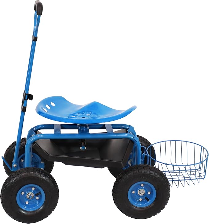 Sunnydaze Garden Cart with Wheels - Garden Stool on Wheels - Rolling Gardening Seat with Extendable Handle - Swivel Seat - Blue