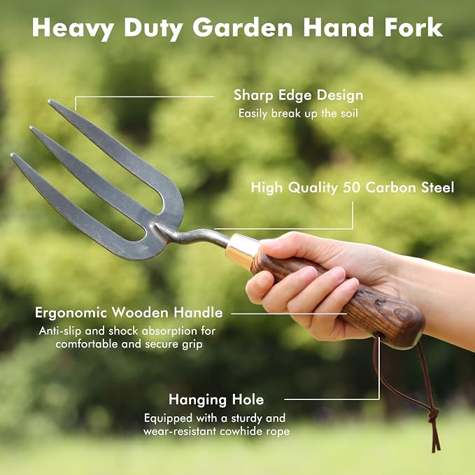 RESTMO Heavy Duty Gardening Hand Fork, Thickened Hand Weed Fork Tool with Ergonomic Handle for Planting, Turning Soil, Weeding, Digging, and Cultivating
