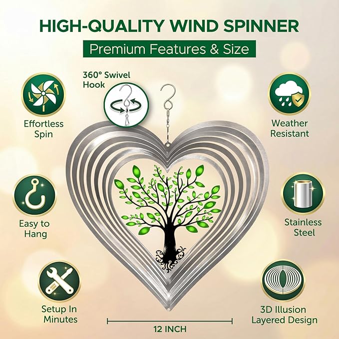 Silver Heart Wind Spinners Outdoor, Birthday Gifts for Women Mom Grandma, 12 Inch 3D Stainless Steel Hanging Wind Spinner for Yard and Garden, Tree of Life Design, Porch Patio Decor