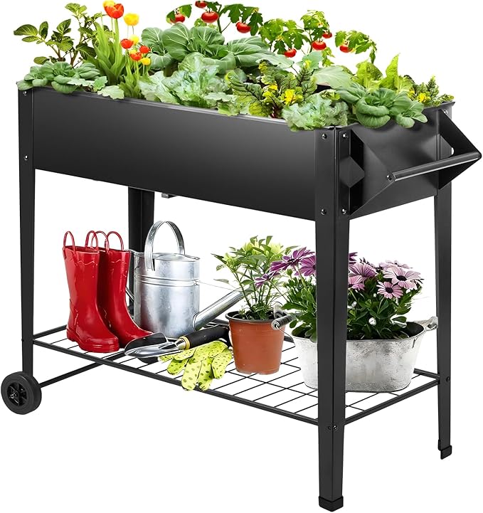 DNKMOR 32" Tall Raised Garden Bed Outdoor with Wheels & Storage Shelf or Mobility,Mobile Anti-Rust Steel Planters for Outdoor Plants,Planter Box for Vegetables/Flower/Herbs,Patio-Balcony-Backyard