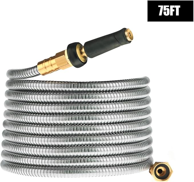 Rosy Earth Expandable Metal Garden Hose 75 FT - 304 Stainless Steel Water Hose 75 FT - Heavy Duty non Kinking Flexible Garden Hose, no Bite
