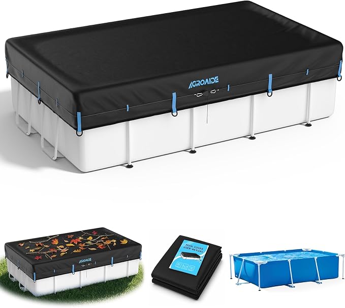 9x18 Ft Rectangular Pool Cover, 3-in-1 Super Windproof System, Upgraded Seamless Side Design with Fast Ratchet Tie Downs, 420D Oxford Fabric - All Season Use, UV & Dust Proof