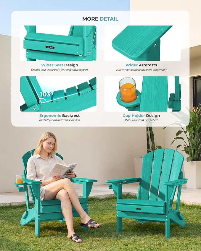 Ciokea Folding Adirondack Chair Wood Texture, Patio Adirondack Chair Weather Resistant, Plastic Fire Pit Chair with Cup Holder, Lawn Chair for Outdoor Porch Garden Backyard Deck (Lake Blue)