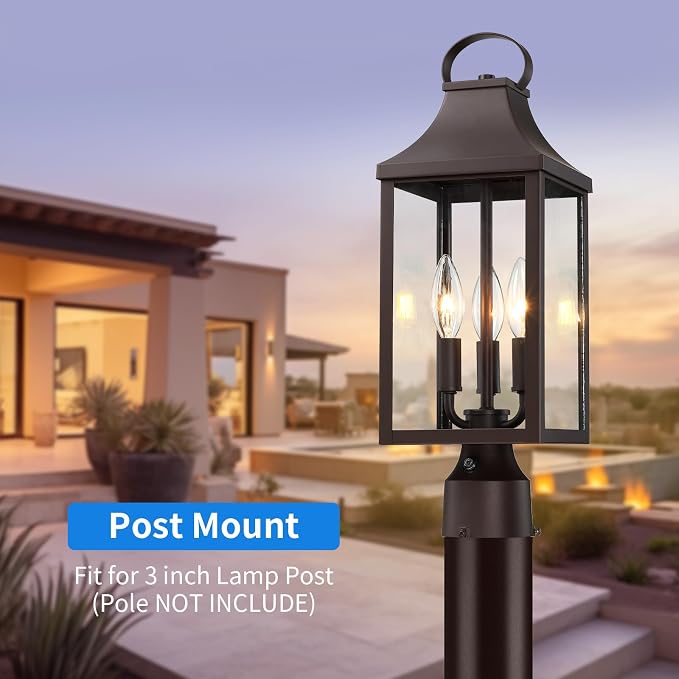 18.62'' Dusk to Dawn Post Light Outdoor, Large 3-Light Lamp Post Light Fixture, Modern Pillar Outside Lighting Waterproof Post Lantern Lamp Outdoor Post Light Fixtures Pole Lights for Porch, Brown
