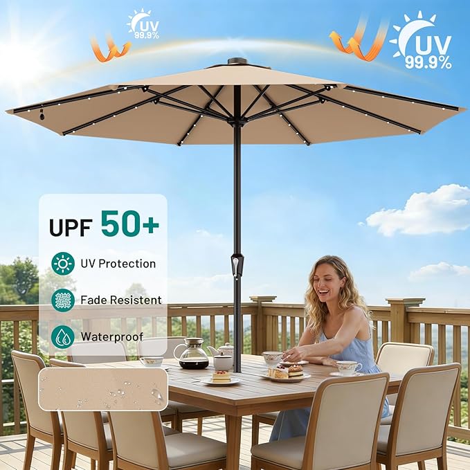 AreShark 11FT Large Patio Umbrella with Solar Lights, Lighted Solar Umbrella with Crank, Outdoor Table Market Umbrellas for Garden, Deck, Backyard, Pool and Beach, Beige