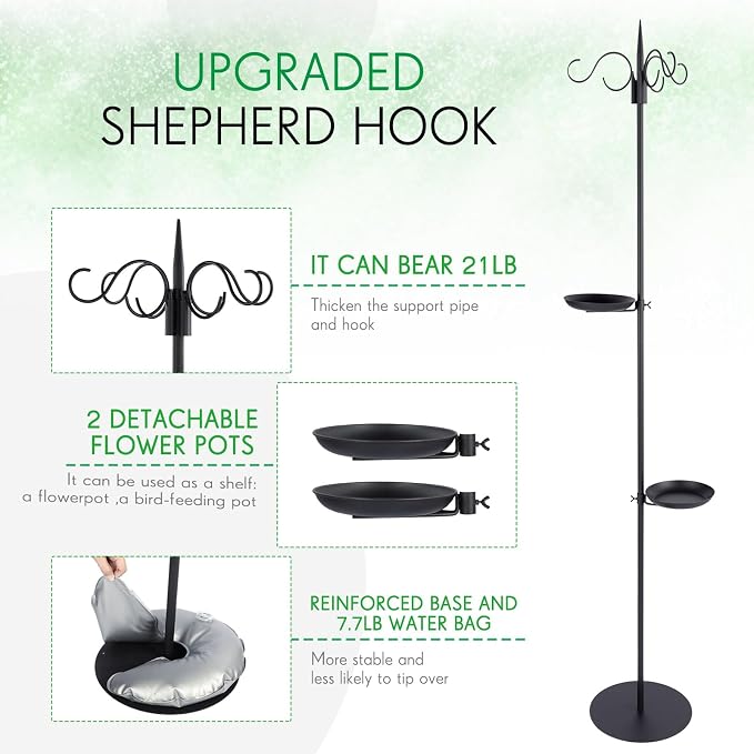 2 Sets Upgraded 75.9" Shepherds Hook for Bird Feeder, Hanging Plant Wind Chime Stand, Metal Adjustable Standing Pole Holder for Indoor Outdoor, with 2 Rack & Weight Bag (4 Hooks)