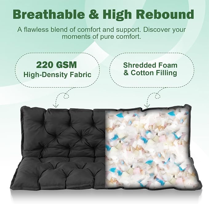 Porch Swing Cushions, 47x40 Inch Swing Cushions for Outdoor Furniture, Waterproof 2-3 Seater Patio Seat Cushion with Backrest, Replacement Bench Cushion for Glider, Settee, Dark Grey