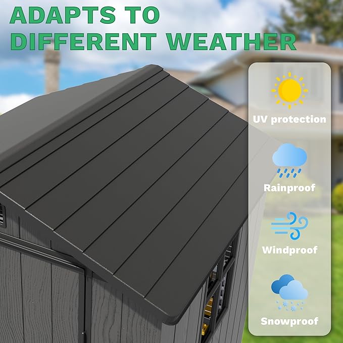 Greesum 4x4FT Plastic Storage Shed with Floor, Resin Outdoor Storaged Sheds with Lockable Door, All Weather Durable Tool Shed with Window and Vent, for Garden, Patio, Backyard, Dark Gray