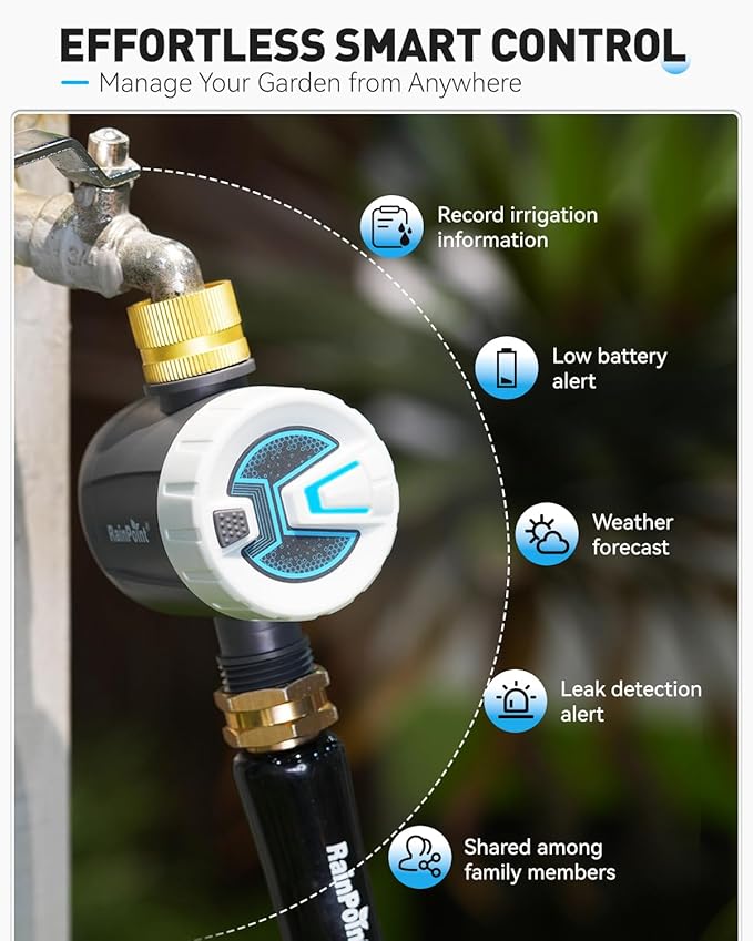RAINPOINT Bluetooth Water Timer, Sprinkler Timer for Garden Hose, Smart Automatic Irrigation System with Brass Inlet for Yard, Lawn, APP Remote Control via Bluetooth(Without Hub)
