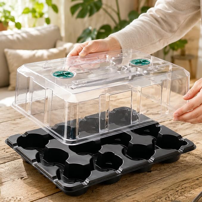 homenote 4 Inch Seed Starting Trays with Humidity Domes for Plants, 4 Pack 12-Cell Seedling Starter Trays, Plant Starter Germination Trays for Pots Seedlings for Indoor,4" Opening Compatible Pots