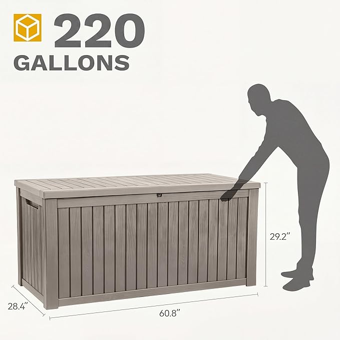 DWVO 220 Gallon Extra-Large Patio Deck Box, Waterproof Resin Outdoor Storage Box with Removable Divider for Patio, Garden, Pool, Furniture and Tools, Light Brown