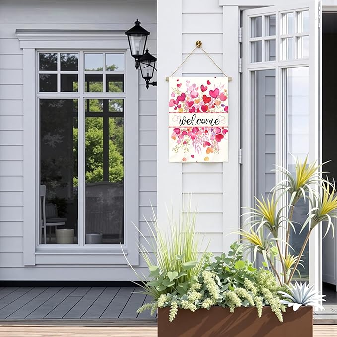 Valentines Day Garden Flag Welcome Heart Large Double Sided House Banner Romantic Red Pink Love Hearts Yard Flags for Porch Patio Lawn Farmhouse Wedding Anniversary Party Decor 28x40 Inch