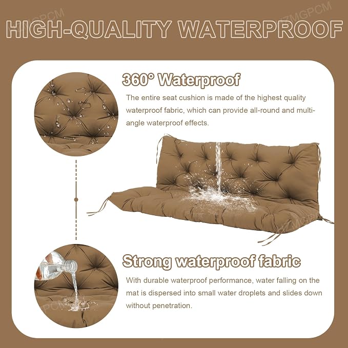 Extra Thick 5" Waterproof Porch Swing Cushions Outdoor 60 inch Swing Cushions 3 Seater Replacement with Backrest and Ties for Outdoor Furniture Patio Bench Garden (Brown)