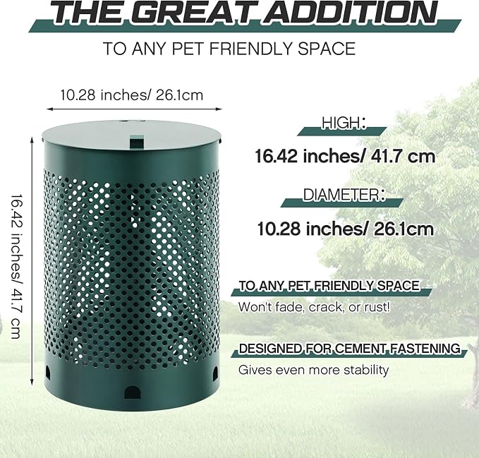 Dansydaisy Round Outdoor 5 Gallon Capacity Trash Can with Lid for Dog Waste Station - Rust Free UV Powder Coated - Designed to Mount on Any Post or Wall (Green)