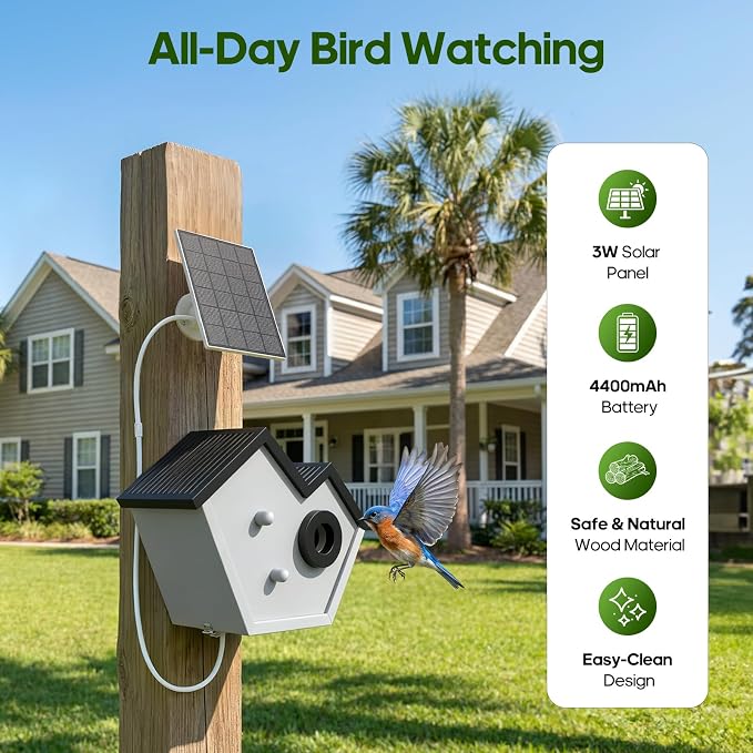 Wooden Bird House with Camera, 2K HD WiFi Smart Bird Feeder with AI Identify Birds Species & LED Light, Instant Alerts with Solar Powered Wireless Outdoor Birdhouse, Gifts for Bird Lovers