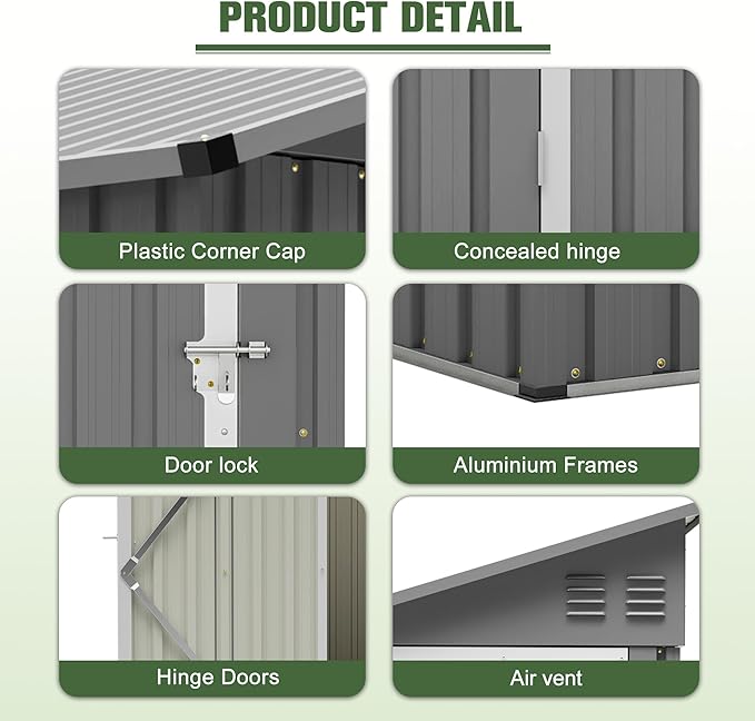 YOPTO 4x8 FT Lean to Outdoor Storage Shed,Metal Shed W/Floor Frame & Reversible Installation,All Weather Waterproof Garden Tool House W/Lockable Door & 2 Air Vents,for Backyard,Patio,Lawn,Gray