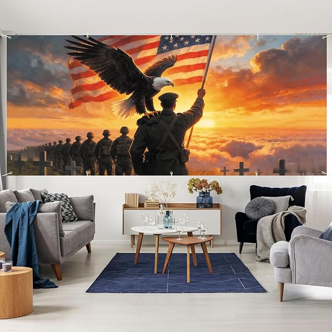 7 * 16FT Eagle USA Flag Military Memorial Day Garage Door Cover Decorations Independence Day Garage Door Banner for Outdoor Indoor Patriot Party Photography Backdrop