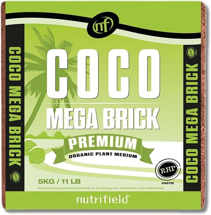 Nutrifield Coco Coir Mega Brick Organic Coconut Coir 11lb 5kg Coco Fiber Compressed Block Pre Washed Buffered RHP Cert Potting Soil Indoor Outdoor Plant Garden Vegetable Flower Seed Starter Mushroom