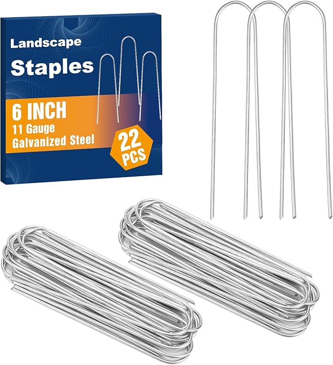 Whonline 22 Pack Landscape Staples 6 Inch, Galvanized Round-Top Garden Stakes Tent Stakes Heavy Duty 11 Gauge U Pins Ground Lawn Staples for Weed Barrier Fabric, Fence, Irrigation Soaker Drip Hose