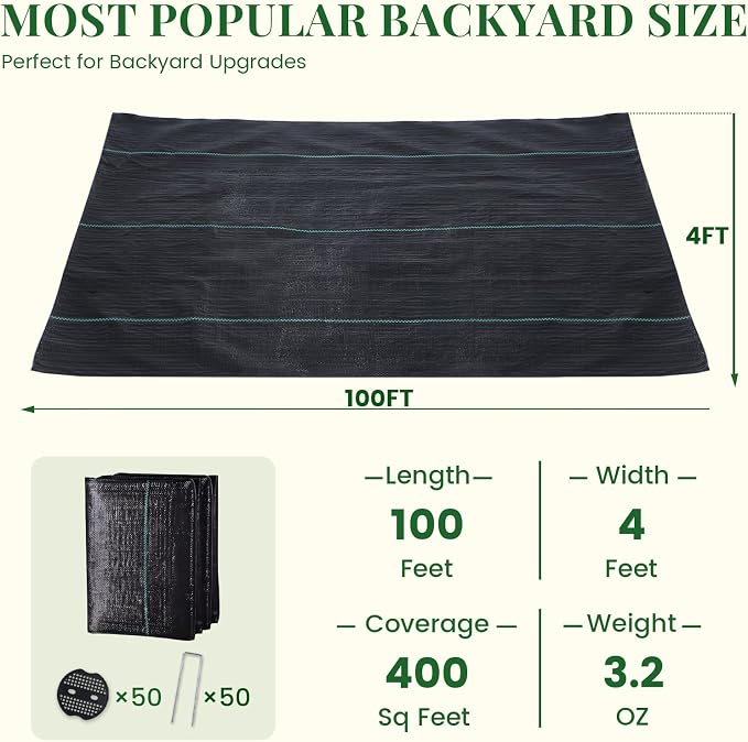 KING BIRD 4FTx100FT Weed Barrier Landscape Fabric w/Stakes & Gasket, 3.2oz Heavy Duty Woven Ground Cover Geotextile Fabric for Flower Garden Bed, Driveway, Pathway, Gravel & Yard Weed Control Mat
