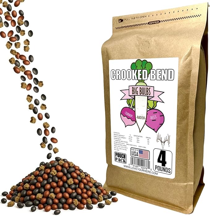 Crooked Bend, Big Bulbs, 4 LBS, Fall Food Plot Seed Mix for Whitetail Deer & Wild Turkey, No Till & No Plow, Throw & Grow Radish, Turnip & Sugar Beet Seeds, Plants up to 0.67 Acres