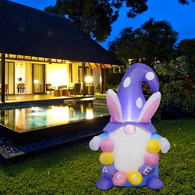 Juegoal Easter Gnome Inflatables Decorations, 4 FT Lighted Blow Cute Bunny Gnome with Eggs, Indoor Outdoor Cute Rabbit Easter Holiday Party Decor, Light Up for Lawn Yard Garden
