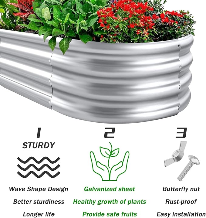 RAYKEEP Galvanized Raised Garden Beds, 8x2x1ft Outdoor Raised Garden Boxes, Oval Large Bottomless Metal Elevated Garden Bed Planter Box for Vegetables, Fruits, Flower
