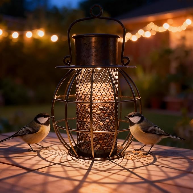 Heavy Duty Metal Bird Feeder for Outside, Retro Lantern Shape,Squirrel Proof Bird Feeder for Wild Birds,Solar Lantern for for Garden Decor,Unique Gifts for Mom, Grandma (Bronze)