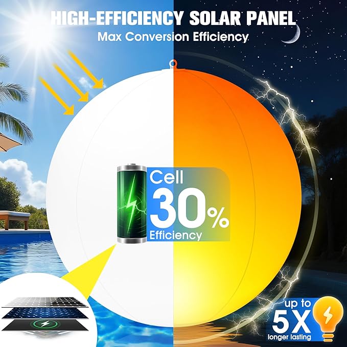 Solar Floating Pool Lights, 14 Inch Flame Solar Pool Light Balls, Floating Glow Globe IP68 Waterproof, Inflatable Solar Lights up Balls for Swimming Pool Pond Outdoor Decor -1PC