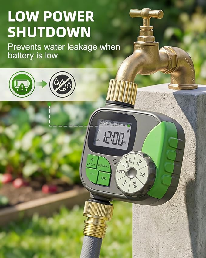 Brass Sprinkler Timer, IP55 Programmable Hose Water Timer with 3 Watering Program, Digital Watering System with Rain Delay & Manual Override, for Garden, Lawn, Yard Care - Green