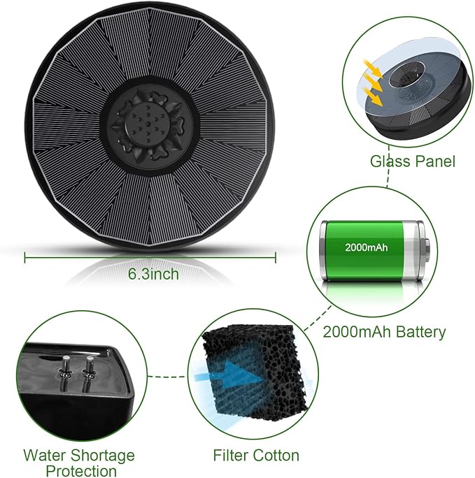 Yzert Solar Fountain with 2000 mAh Battery Backup Works in Cloudy, Glass Solar Powered Bird Bath Fountains with 7 Nozzles, 3.5 W Solar Fountain Pump for Birdbath,Garden, Outdoor, Pond