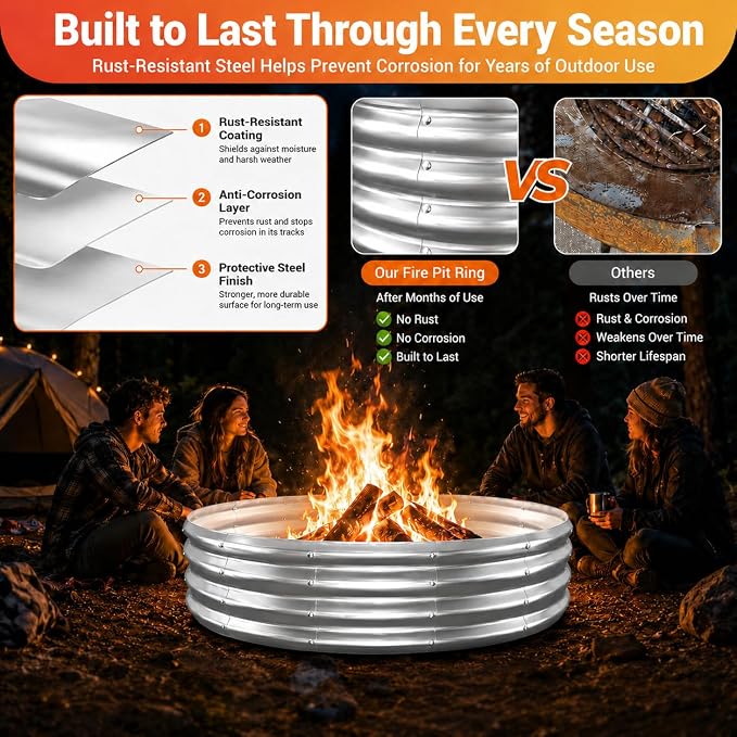 39 Inch Fire Pit Ring for Outside, 17'' Deep Heavy Duty Firepit,Wood Burning, DIY In Ground or Above-Ground, Outdoor Heavy Duty Galvanized Steel Fire Pits for Backyard Bonfire, Patio & Camping