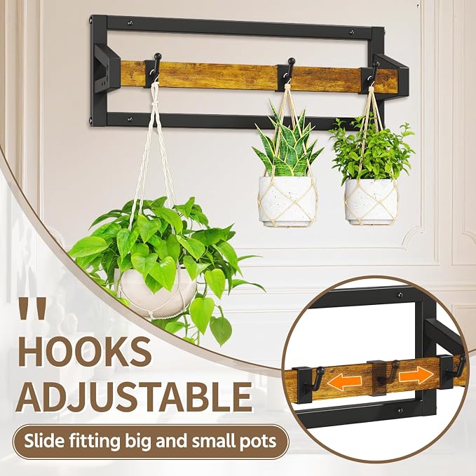 LASZOLA 2 Pcs Plant Hanger Indoor with 6 Heavy Duty Hanging Hooks, Metal and Wood Wall Mounted Plant Hanging Rod, Plant Shelves Holder Bar for Kitchen Window Ceiling (Pot/Chain/Plants not Included)