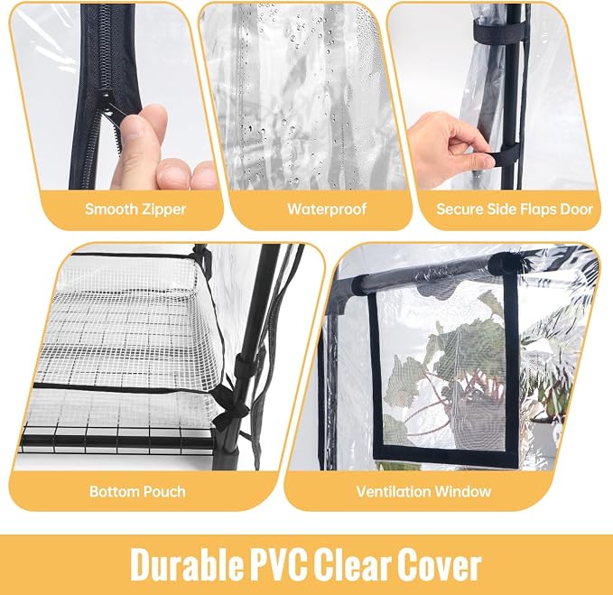 Indoor Greenhouse with Grow Light, 3-Tier Plant Stand with PVC Tent, Ventilation Window, Bottom Pouch, 20W Full Spectrum Grow Light with Timer, for Seed Starting, 27" L x 19" W x 49" H