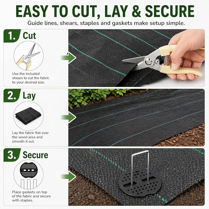 4 FTX100 FT Weed Barrier Fabric Heavy Duty, 4.23oz Landscape Fabric, with 60pcs U-Shaped Landscape Fabric Staples and 60pcsGarden Stakes Gaskets, 1 Shears