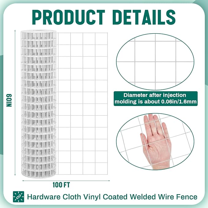 Gisafai 16 Gauge Galvanized Welded Wire Fence 5 ft x 100 ft PVC Coated Hardware Cloth, 2.36" x 2.36" Mesh, Heavy Duty Garden Fencing Roll for Chicken, Dog Yard, Deer Cattle & Animal Protection(Silver)