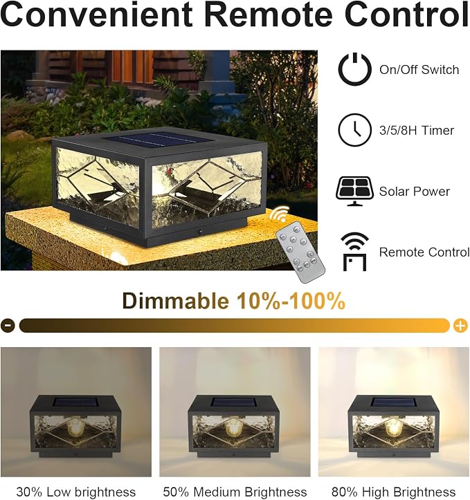 Solar Fence Post Lights Outdoor Waterproof LED with Remote Control, Solar Panel Powered Dusk to Dawn Cap Pillar Lighting, Waterproof Fence Post Cap Light for Deck Garden Patio Porch