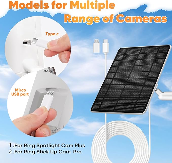 Solar Panel Security Camera Compatitable with Ring Solar Spotlight Cam/Pro/Plus Battery,IP66 Waterproof, Type C and USB Port,9.8ft Cable White