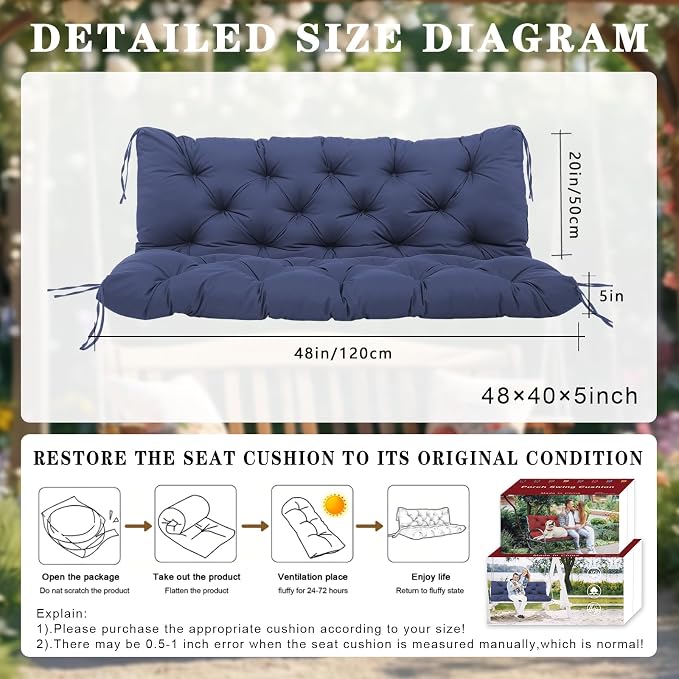 Replacement Cushions for Outdoor Furniture 48 Inch Waterproof Porch Swing Cushions 2 Seater with Backrest Extra 5" Thicken Durable Patio Long Bench Cushions(Navy Blue 48×40×5inch)