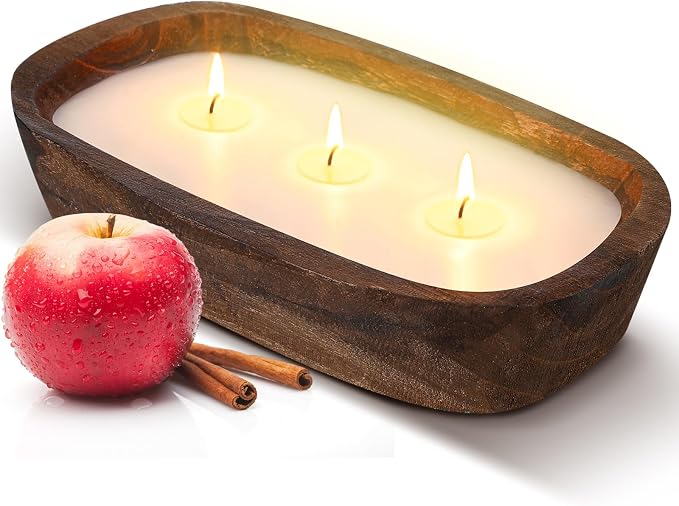 Threlaco 1 Pack 10 Inch Wood Dough Bowl Candles Home Rustic Dough Bowl Soy Candle 3 Wick Scented Candles Gifts for Men Women Farmhouse Table Centerpiece Home Decor for Christmas(Apple Cinnamon)