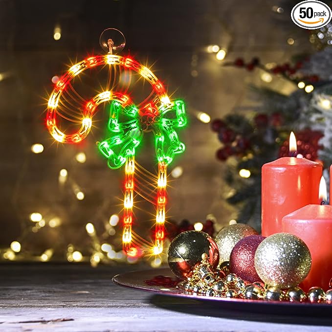 Christmas Window Silhouette Lights, Lighted Candy Cane Double Sided Decorations with 50 Count Incandescent Mini Light, for Holiday Indoor Wall Door Glass Decor