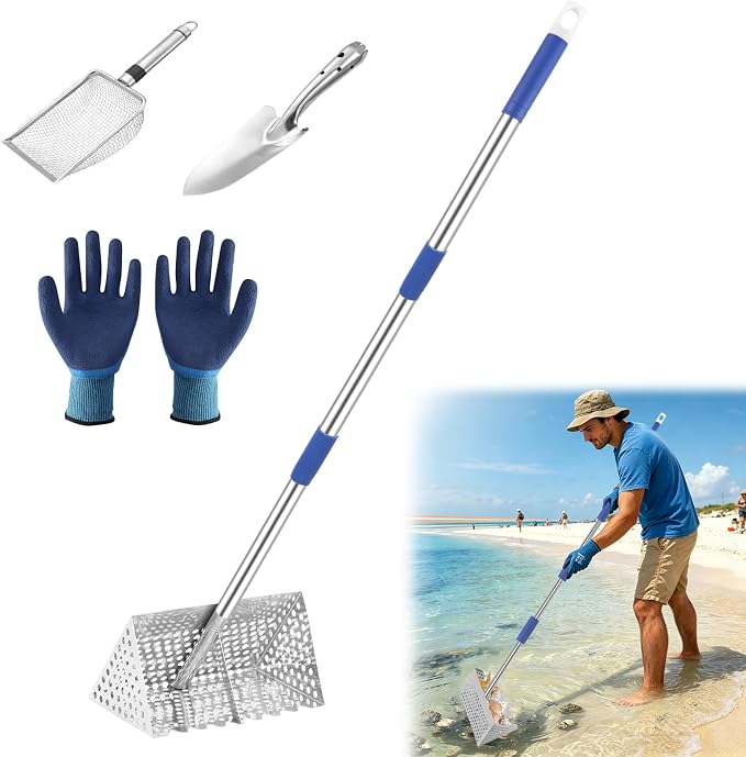 Sand Flea Rake, 65 Inches Long Handle, Stainless Steel Shark Tooth Sifter, Detachable 11-Inch-Wide Drainage Mesh Beach Sand Sifter for Collecting Sand Fleas, Shells and Shark's Teeth
