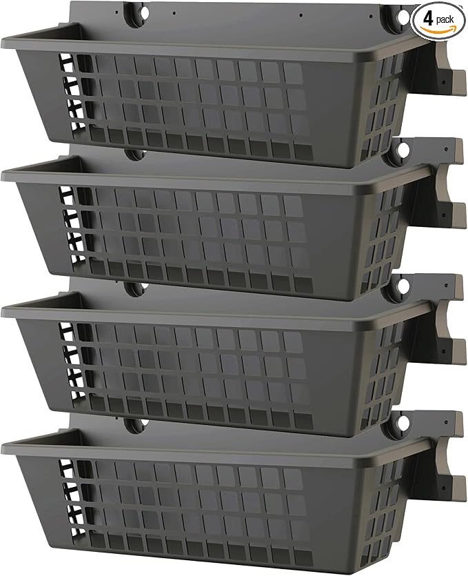 Suncast 4 Pack Accessory Baskets, Resin Organizers for Shed, Black, 25" x 7.25" x 7" - Outdoor Storage, 30 lb Weight Capacity, EZ Bolt Wall-Mount