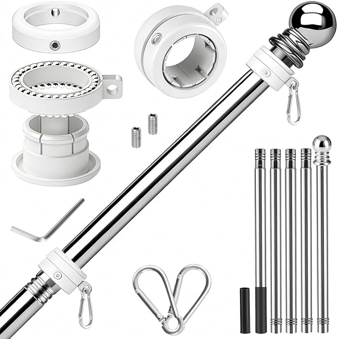 Flag Pole for Outside House, Heavy Duty Metal Flagpole for Residential, Outdoor or Porch, Stainless Steel Flag Poles, Upgraded Tangle Free Design, 1 Inch (6 FT, Sliver)
