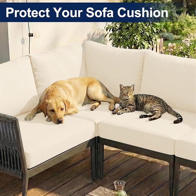 Smiry Waterproof Patio Cushion Covers, Stretch Outdoor Couch Slipcovers Replacement Washable Furniture Protector Sofa Chair Seat Cover for Dogs and Pets (4 Pcs, Beige)