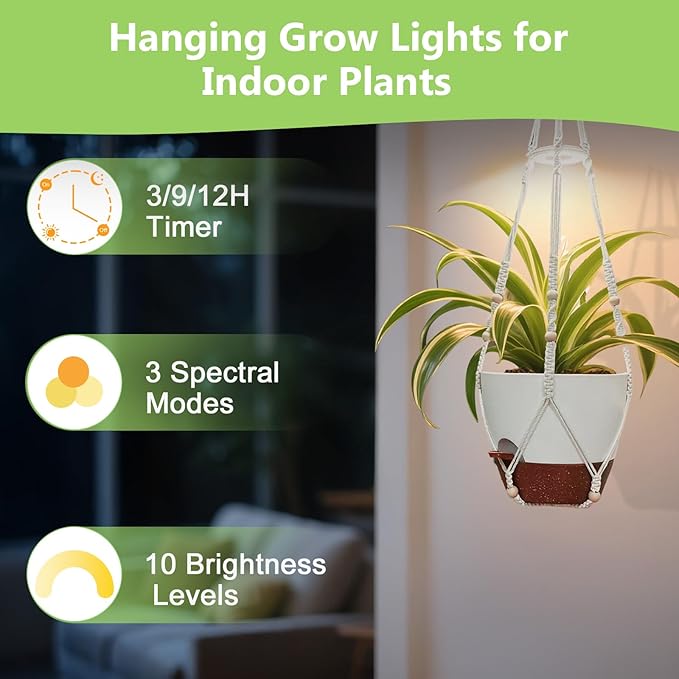 2 Pack Hanging Planters with Grow Light for Indoor Plants, 10” Self Watering Pots for Apartments & Low-Light Rooms, Macrame Hangers, Timer, Drainage Holes & Removable Tray
