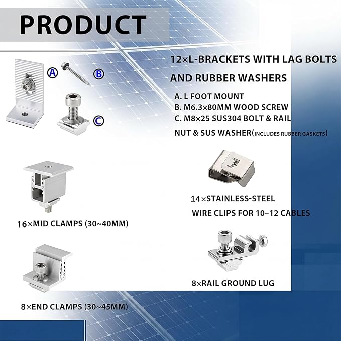 Solar Panel Mounting Rail Kit for 7 x 320W Panels, Includes 12 x 47.2 Aluminum Rails, Adjustable Clamps, L-Brackets & Wire Clips, Heavy Duty Racking for Metal, Tile, Shingle Roof