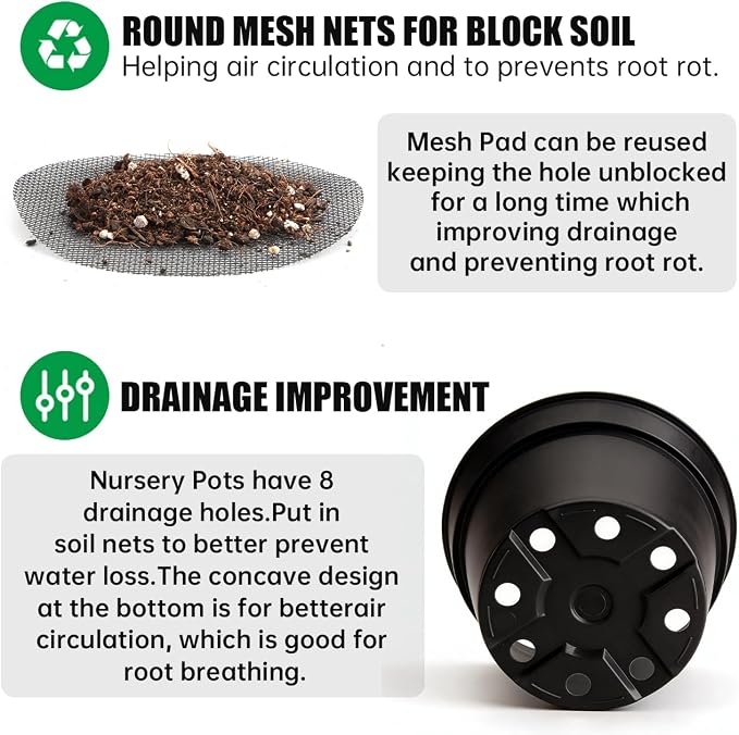 RooTrimmer 50 Pack 6 Inch Nursery Pots, Plastic Flower Pots, Thick Plant Pots with Drainage Hole for Planting Outdoor/Indoor Plants Succulent Herb (Black)