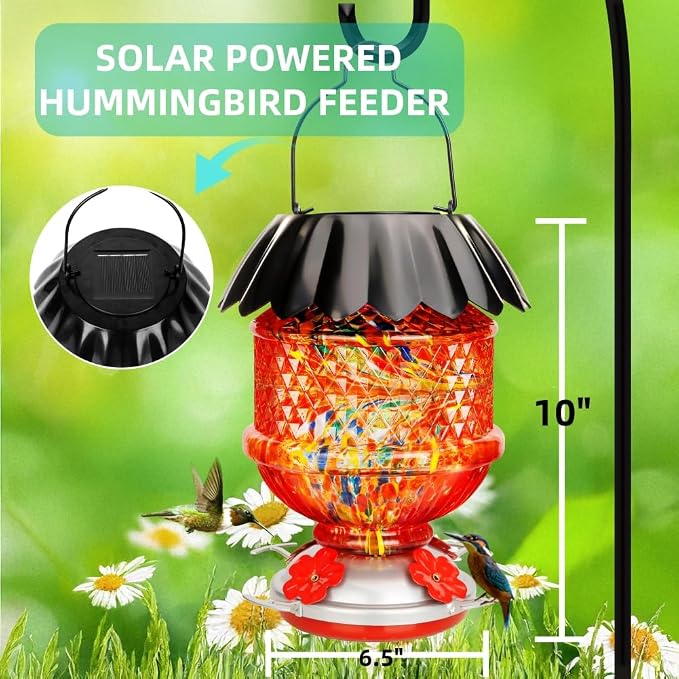 Solar Hummingbird Feeder with Perch 48 OZ Hand Blown Glass Hummingbird Feeder for Outdoors Hanging Include Accessories (Red)